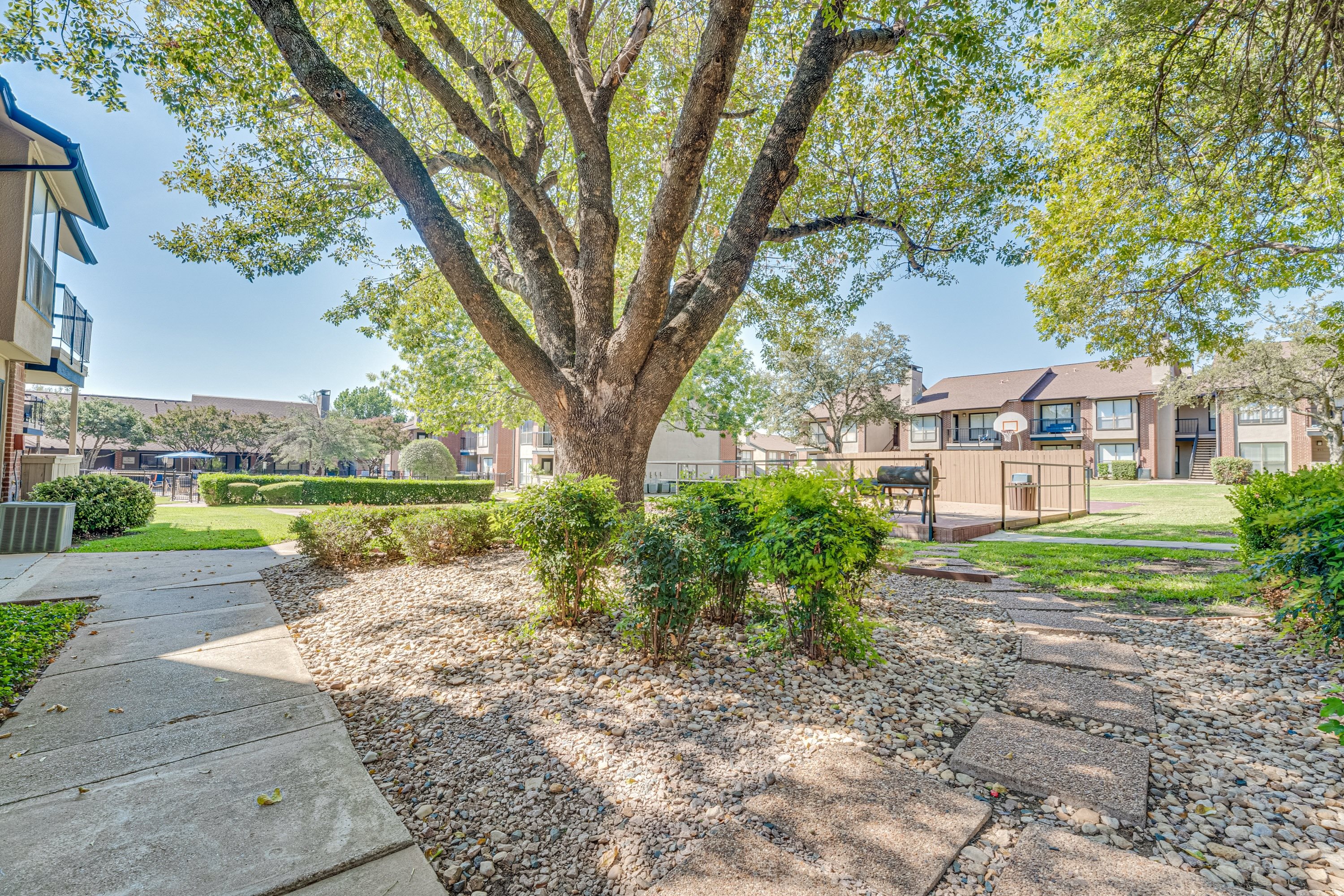 Landscaped area with sidewalk at Bardin Oaks Apartments, Arlington